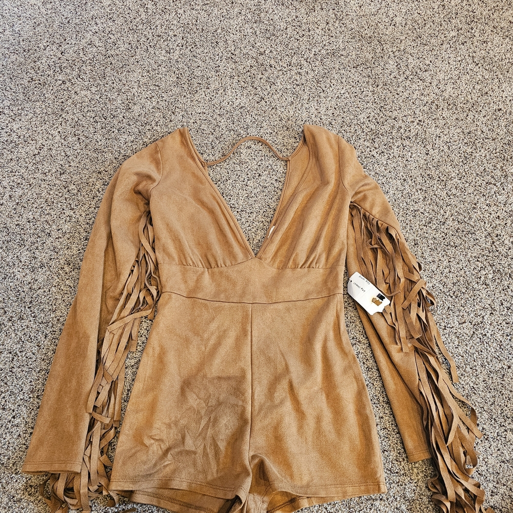 Tan Fringe Long Sleeve Romper